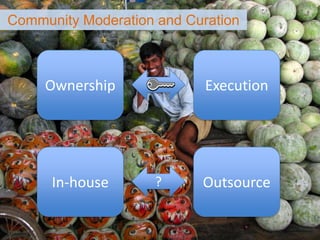 Community Moderation and Curation
Ownership Execution
In-house Outsource?
 