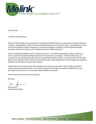Keith a Finitzer letter of recommendation from Donna Jones Chief Financial Officer