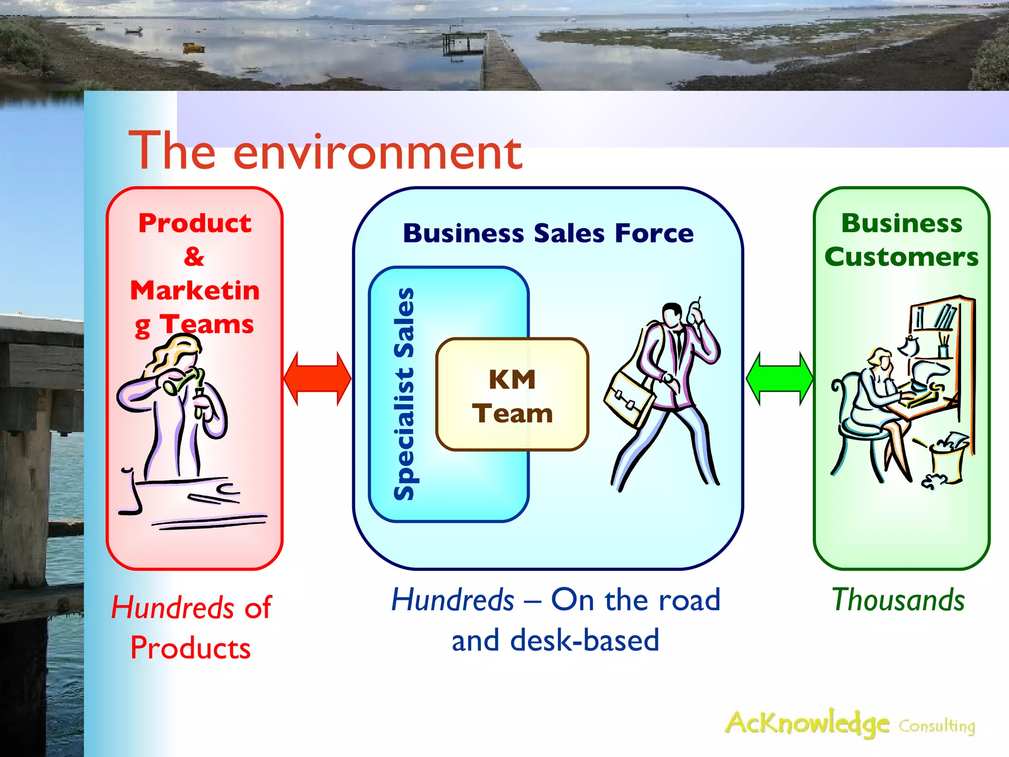 The environment Business Sales Force Business Customers Product & Marketing Teams Hundreds  of Products Hundreds  – On the road and desk-based Thousands Specialist Sales KM Team 