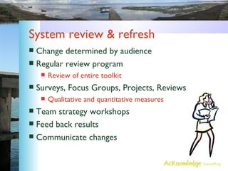 System review & refresh Change determined by audience Regular review program Review of entire toolkit Surveys, Focus Groups, Projects, Reviews Qualitative and quantitative measures Team strategy workshops Feed back results Communicate changes 