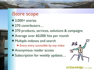 iStore scope <ul><li>3,000+ entries </li></ul><ul><li>270 contributors… </li></ul><ul><li>370 products, services, solution...