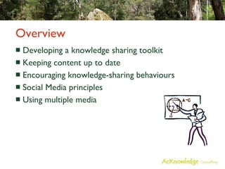 Overview Developing a knowledge sharing toolkit Keeping content up to date Encouraging knowledge-sharing behaviours  Social Media principles Using multiple media 