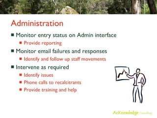 Administration <ul><li>Monitor entry status on Admin interface </li></ul><ul><ul><li>Provide reporting </li></ul></ul><ul>...