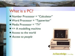 What is a PC? <ul><li>Number Processor = “Calculator” </li></ul><ul><li>Word Processor = “Typewriter” </li></ul><ul><li>Me...