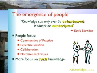 The emergence of people "Knowledge can only ever be  volunteered ; it cannot be  conscripted " David Snowden People focus: Communities of Practice Expertise location Collaboration Narrative techniques More focus on  tacit  knowledge 