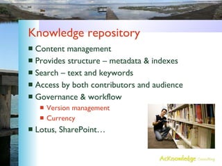 Knowledge repository Content management Provides structure – metadata & indexes Search – text and keywords Access by both contributors and audience Governance & workflow Version management Currency Lotus, SharePoint… 