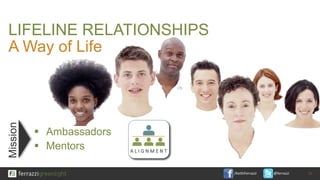 /KeithFerrazzi @ferrazzi
LIFELINE RELATIONSHIPS
 Ambassadors
 Mentors
22
Mission
A Way of Life
A L I G N M E N T
 