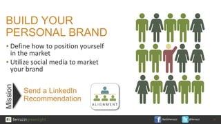 /KeithFerrazzi @ferrazzi
BUILD YOUR
PERSONAL BRAND
▪ Define how to position yourself
in the market
▪ Utilize social media to market
your brand
Send a LinkedIn
Recommendation
23
Mission
A L I G N M E N T
 