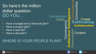 /KeithFerrazzi @ferrazzi
So here’s the million
dollar question:
DO YOU…
 Have a budget and a financial plan?
 Have a project plan?
 Have a task list?
 Have a diet plan?
WHERE IS YOUR PEOPLE PLAN?
8
Content
Conversation
Connections
Convergence
Cultivating
Create
Communities
CollectiveIntelligence
Clarity
Communication
Collaboration
 