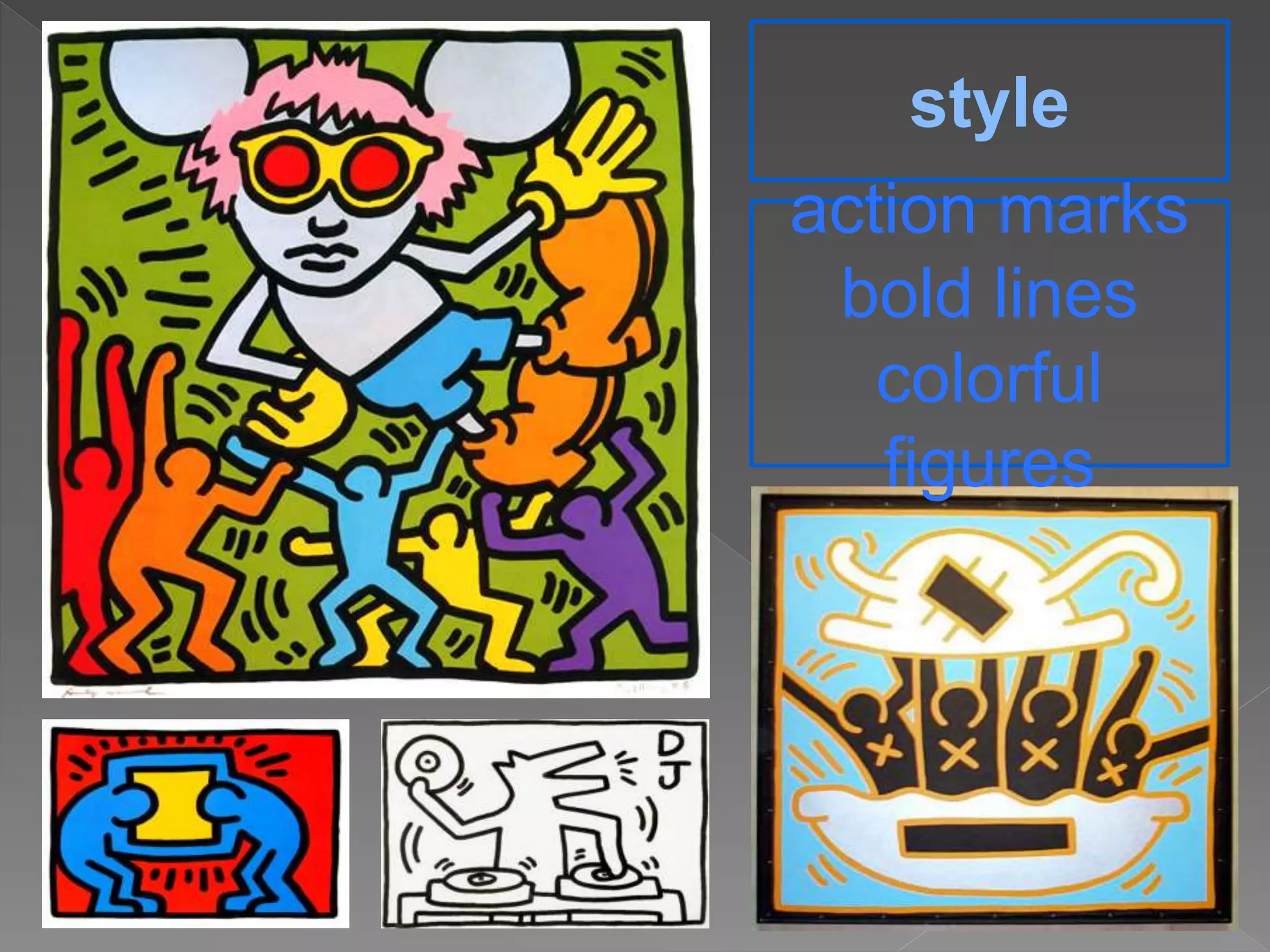 style
action marks
bold lines
colorful
figures
 
