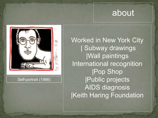 about
Worked in New York City
| Subway drawings
|Wall paintings
International recognition
|Pop Shop
|Public projects
AIDS diagnosis
|Keith Haring Foundation
Self-portrait (1986)
 