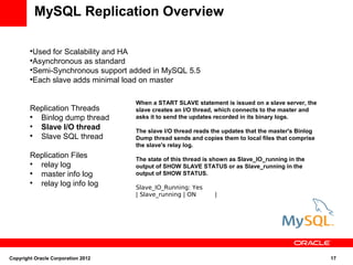 MySQL Replication Overview

        
          Used for Scalability and HA
        
          Asynchronous as standard
        
          Semi-Synchronous support added in MySQL 5.5
        
          Each slave adds minimal load on master

                                    When a START SLAVE statement is issued on a slave server, the
        Replication Threads         slave creates an I/O thread, which connects to the master and
        
          Binlog dump thread        asks it to send the updates recorded in its binary logs.
        
          Slave I/O thread          The slave I/O thread reads the updates that the master's Binlog
        
          Slave SQL thread          Dump thread sends and copies them to local files that comprise
                                    the slave's relay log.
        Replication Files           The state of this thread is shown as Slave_IO_running in the
        
          relay log                 output of SHOW SLAVE STATUS or as Slave_running in the
        
          master info log           output of SHOW STATUS.
        
          relay log info log        Slave_IO_Running: Yes
                                    | Slave_running | ON        |




Copyright Oracle Corporation 2012                                                                     17
 