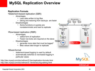 MySQL Replication Overview

          Replication Formats
          
            Statement-based replication (SBR)
                 –    Advantages
                        • Less data written to log files
                        • taking and restoring from backups are faster
                 –    Disadvantages
                        • Some functions or queries are
                          nondeterministic and hard to replicate

          
              Row-based replication (RBR)
                 –    Advantages
                        • safest form of replication
                        • Fewer row locks are required on the slave
                 –    Disadvantages
                        • generate more data that must be logged*
                        • Blob values take longer to replicate

          
              Mixed-format
                 –    statement-based logging is used by default
                 –    automatically switches to row-based logging in
                      particular cases
http://dev.mysql.com/doc/refman/5.5/en/replication-formats.html
http://dev.mysql.com/doc/refman/5.1/en/binary-log-setting.html


  Copyright Oracle Corporation 2012                                      23
 