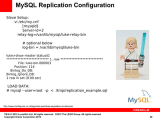 MySQL Replication Configuration
  Slave Setup:
      vi /etc/my.cnf
           [mysqld]
           Server-id=2
        relay-log=/var/lib/mysql/luke-relay-bin

                   # optional below
                   log-bin = /var/lib/mysql/luke-bin

  luke>show master statusG
  *************************** 1. row ***************************
          File: luke-bin.000003
       Position: 114
     Binlog_Do_DB:
  Binlog_Ignore_DB:
  1 row in set (0.00 sec)

  LOAD DATA:
  # mysql --user=root -p < /tmp/replication_example.sql



http://www.minifigures.co.uk/lego/star-wars/luke-skywalker-on-tatooine/


TM & © 2012 Lucasfilm Ltd. All rights reserved. ©2012 The LEGO Group. All rights reserved.
Copyright Oracle Corporation 2012                                                            28
 