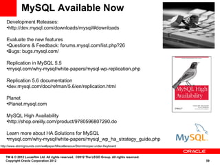 MySQL Available Now
    Development Releases:
    ●
     http://dev.mysql.com/downloads/mysql/#downloads

    Evaluate the new features
    ●
     Questions & Feedback: forums.mysql.com/list.php?26
    ●
     Bugs: bugs.mysql.com/

    Replication in MySQL 5.5
    ●
     mysql.com/why-mysql/white-papers/mysql-wp-replication.php

    Replication 5.6 documentation
    ●
     dev.mysql.com/doc/refman/5.6/en/replication.html

    Planet
    ●
     Planet.mysql.com

    MySQL High Availability
    ●
     http://shop.oreilly.com/product/9780596807290.do

    Learn more about HA Solutions for MySQL
    ●
     mysql.com/why-mysql/white-papers/mysql_wp_ha_strategy_guide.php
http://www.stormgrounds.com/wallpaper/Miscellaneous/Stormtrooper-under-Keyboard


   TM & © 2012 Lucasfilm Ltd. All rights reserved. ©2012 The LEGO Group. All rights reserved.
   Copyright Oracle Corporation 2012                                                            59
 