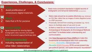 Experiences, Challenges, & Conclusions:
FAIR stratigraphic data
including representation of
other Allen relationships
4
● Use Data Management Plans (DMPs) to make this
fundamental archaeological data more sustainably
Findable, Accessible, Interoperable and
Reusable (FAIR Principles 2016) across present day
geo-political (period), and spatio-temporal, boundaries?
Recycle FAIRly
Agree standards for sharing digital
stratigraphic data records and enable
better structured Legacy/hardcopy data
3
● Is there a need for an International Convention on
Archaeological Stratigraphic & Chronological Methods
and Data? To facilitate better understanding and
communication.
Reuse
Data that is fit for purpose
2
● Matrix data should be re-usable effectively e.g. minimum
as CSV files, rather than as images of matrix diagrams buried
in a PDF document.
● Practically derived from existing processes (eg. Harris
Matrix) to facilitate ease of use and re-use
1
• Need more consistent standards in digital records of
stratigraphic and temporal relationships (amongst others)
Reduce
Avoid proliferation of
unnecessary digital materials.
With acknowledgement to Jeremy Huggett (remix is good too!)
 