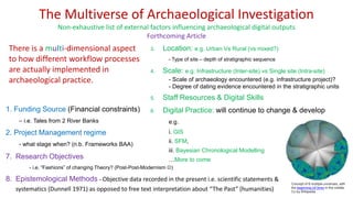 The Multiverse of Archaeological Investigation
Non-exhaustive list of external factors influencing archaeological digital outputs
Forthcoming Article
There is a multi-dimensional aspect
to how different workflow processes
are actually implemented in
archaeological practice.
1. Funding Source (Financial constraints)
– i.e. Tales from 2 River Banks
2. Project Management regime
- what stage when? (n.b. Frameworks BAA)
7. Research Objectives
- i.e. “Fashions” of changing Theory? (Post-Post-Modernism )
8. Epistemological Methods - Objective data recorded in the present i.e. scientific statements &
systematics (Dunnell 1971) as opposed to free text interpretation about “The Past” (humanities)
3. Location: e.g. Urban Vs Rural (vs mixed?)
- Type of site – depth of stratigraphic sequence
4. Scale: e.g. Infrastructure (Inter-site) vs Single site (Intra-site)
- Scale of archaeology encountered (e.g. infrastructure project)?
- Degree of dating evidence encountered in the stratigraphic units
5. Staff Resources & Digital Skills
6. Digital Practice: will continue to change & develop
e.g.
i. GIS
ii. SFM,
iii. Bayesian Chronological Modelling
…More to come
Concept of 8 multiple universes, with
the beginning (of time) in the middle.
Cc-by Wikipedia
 