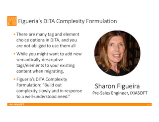 2017
Figueria’s DITA Complexity Formulation
• There are many tag and element
choice options in DITA, and you
are not obliged to use them all
• While you might want to add new
semantically-descriptive
tags/elements to your existing
content when migrating,
• Figueria’s DITA Complexity
Formulation: “Build out
complexity slowly and in response
to a well-understood need.”
Sharon Figueira
Pre-Sales Engineer, IXIASOFT
 