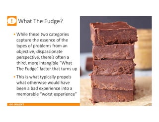 2017
What The Fudge?
• While these two categories
capture the essence of the
types of problems from an
objective, dispassionate
perspective, there’s often a
third, more intangible “What
The Fudge” factor that turns up
• This is what typically propels
what otherwise would have
been a bad experience into a
memorable “worst experience”
 