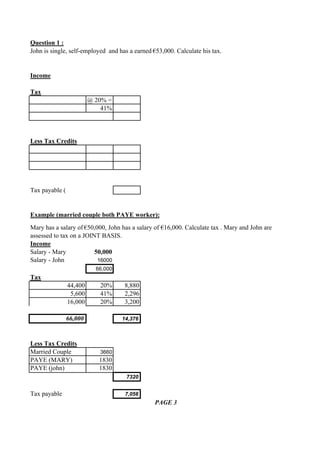 Question 1 :
John is single, self-employed and has a earned €53,000. Calculate his tax.


Income

Tax
                         @ 20% =
                             41%




Less Tax Credits




Tax payable (


Example (married couple both PAYE worker):
Mary has a salary of €50,000, John has a salary of €16,000. Calculate tax . Mary and John are
assessed to tax on a JOINT BASIS.
Income
Salary - Mary            50,000
Salary - John             16000
                           66,000
Tax
                44,400      20%     8,880
                 5,600      41%     2,296
                16,000      20%     3,200

                66,000              14,376



Less Tax Credits
Married Couple              3660
PAYE (MARY)                 1830
PAYE (john)                 1830
                                     7320


Tax payable                          7,056
                                                PAGE 3
 