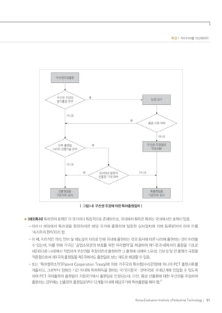 91Korea Evaluation Institute of Industrial Technology
특집 1 아이디어를 자산화하자
보정 요구
우선권 주장의
방식홈결 유무
예
예
예
아니오
아니오
아니오
아니오
예선후 출원일
사이의 선행기술 유무
우선권 주장절차
무효처분
후출원일을
기준으로 심사
선출원일을
기준으로 심사
심사대상 발명의
선출원 기재 여부
홈결 치유 여부
우선권주장출원
| 그림 I-8 우선권 주장에 의한 특허출원절차 |
(해외특허) 특허권의 효력은 각 국가마다 독립적으로 존재하므로, 국내에서 획득한 특허는 국내에서만 효력이 있음.
- 따라서 해외에서 특허권을 향유하려면 해당 국가에 출원하여 일정한 심사절차에 의해 등록받아야 하며 이를
‘속지주의 원칙’이라 함.
- 이 때, 지리적인 격리, 언어 및 제도상의 차이로 인해 국내에 출원하는 것과 동시에 다른 나라에 출원하는 것이 어려울
수 있는데, 이를 위해 각국은 ‘공업소유권의 보호를 위한 파리협약’을 체결하여 제1국(국내)에서의 출원을 기초로
제2국(다른 나라)에서 적법하게 우선권을 주장하면서 출원하면 그 출원에 대해여 신규성, 진보성 및 선 출원의 규정을
적용함으로써 제1국의 출원일을 제2국에서도 출원일로 보는 제도로 해결할 수 있음.
- 또는 ‘특허협력조약’(Patent Cooperation Treaty)에 의해 거주국의 특허청(수리관청)에 하나의 PCT 출원서류를
제출하고, 그로부터 정해진 기간 이내에 특허획득을 원하는 국가(지정국ㆍ선택국)로 국내단계에 진입할 수 있도록
하여 PCT 국제출원의 출원일이 지정국가에서 출원일로 인정되는데, 다만, 통상 선출원에 대한 우선권을 주장하여
출원하는 경우에는 선출원의 출원일로부터 12개월 이내에 해당국가에 특허출원을 해야 함.7)
 