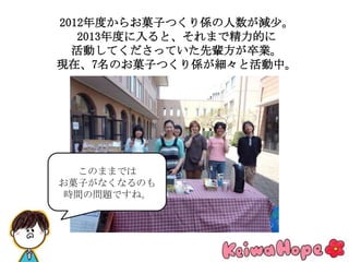 2012年度からお菓子つくり係の人数が減少。
2013年度に入ると、それまで精力的に
活動してくださっていた先輩方が卒業。
現在、7名のお菓子つくり係が細々と活動中。
このままでは
お菓子がなくなるのも
時間の問題ですね。
 