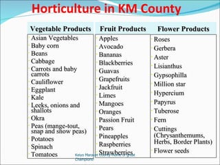 Horticulture in KM County Keiyo Maraket County-Home of great Champions! Fruit Products Apples Avocado Bananas Blackberries  Guavas Grapefruits  Jackfruit Limes Mangoes Oranges Passion Fruit Pears Pineapples Raspberries Strawberries Vegetable Products Asian Vegetables Baby corn Beans Cabbage Carrots and baby carrots Cauliflower Eggplant  Kale Leeks, onions and shallots Okra Peas (mange-tout, snap and snow peas) Potatoes Spinach Tomatoes Flower Products Roses Gerbera Aster Lisianthus Gypsophilla Million star Hypercium Papyrus Tuberose Fern  Cuttings (Chrysanthemums, Herbs, Border Plants)  Flower seeds  