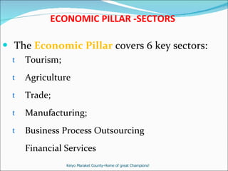 ECONOMIC PILLAR -SECTORS The  Economic Pillar   covers 6 key sectors: Tourism; Agriculture Trade; Manufacturing; Business Process Outsourcing Financial Services Keiyo Maraket County-Home of great Champions! 