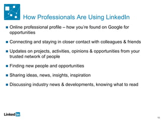 How Professionals Are Using LinkedIn Online professional profile – how you’re found on Google for opportunities Connecting and staying in closer contact with colleagues & friends Updates on projects, activities, opinions & opportunities from your trusted network of people Finding new people and opportunities Sharing ideas, news, insights, inspiration Discussing industry news & developments, knowing what to read 10 