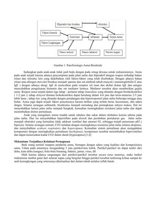 Gambar 1. Patofisiologis Asma Bronkiale
Sedangkan pada anak-anak tidak jauh beda dengan pada ornag dewasa untuk mekanismenya. Asma
pada anak terjadi karena adanya penyempitan pada jalan nafas dan hiperaktif dengan respon terhadap bahan
iritasi dan stimulus lain yang diakibatkan oleh faktor-faktor yang telah disebutkan. Dengan adanya bahan
iritasi atau allergen otot-otot bronkus menjadi spasme dan zat antibodi tubuh muncul ( immunoglobulin E atau
IgE ) dengan adanya alergi. IgE di munculkan pada reseptor sel mast dan akibat ikatan IgE dan antigen
menyebabkan pengeluaran histamin dan zat mediator lainnya. Mediator tersebut akan memberikan gejala
asma. Respon asma terjadi dalam tiga tahap : pertama tahap immediate yang ditandai dengan bronkokontriksi
( 1-2 jam ); tahap delayed dimana brokokontriksi dapat berulang dalam 4-6 jam dan terus-menerus 2-5 jam
lebih lama ; tahap late yang ditandai dengan peradangan dan hiperresponsif jalan nafas beberapa minggu atau
bulan. Asma juga dapat terjadi faktor pencetusnya karena latihan yang terlalu berat, kecemasan, dan udara
dingin. Selama serangan asthmatik, bronkiulus menjadi meradang dan peningkatan sekresi mukus. Hal ini
menyebabkan lumen jalan nafas menjadi bengkak, kemudian meningkatkan resistensi jalan nafas dan dapat
menimbulkan distres pernafasan.
Anak yang mengalami astma mudah untuk inhalasi dan sukar dalam ekshalasi karena edema pada
jalan nafas. Dan ini menyebabkan hiperinflasi pada alveoli dan perubahan pertukaran gas. Jalan nafas
menjadi obstruksi yang kemudian tidak adekuat ventilasi dan saturasi 02, sehingga terjadi penurunan p02 (
hipoxia). Selama serangan astmati, CO2 tertahan dengan meningkatnya resistensi jalan nafas selama ekspirasi,
dan menyebabkan acidosis respiratory dan hypercapnea. Kemudian sistem pernafasan akan mengadakan
kompensasi dengan meningkatkan pernafasan (tachypnea), kompensasi tersebut menimbulkan hiperventilasi
dan dapat menurunkan kadar CO2 dalam darah (hypocapnea).[1,8]
Mekanisme Terjadinya Kelainan Pernapasan
Baik orang normal maupun penderita asma, bernapas dengan udara yang kualitas dan komposisinya
sama. Udara pada umumnya mengandung 3 juta partikel/mm kubik. Partikel-partikel itu dapat terdiri dari
debu, kutu debu (tungau), bulu-bulu binatang, bakteri, jamur, virus, dll.
Oleh karena adanya rangsangan dari partikel-partikel tersebut secara terus menerus, maka timbul
mekanisme rambut getar dari saluran napas yang bergetar hingga partikel tersebut terdorong keluar sampai ke
arah kerongkongan yang seterusnya dikeluarkan dari dalam tubuh melalui reflek batuk.
 