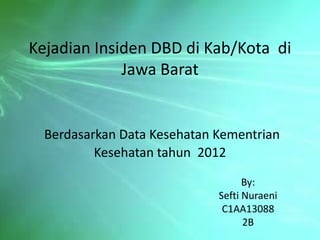 Kejadian Insiden DBD di Kab/Kota di
Jawa Barat
Berdasarkan Data Kesehatan Kementrian
Kesehatan tahun 2012
By:
Sefti Nuraeni
C1AA13088
2B
 