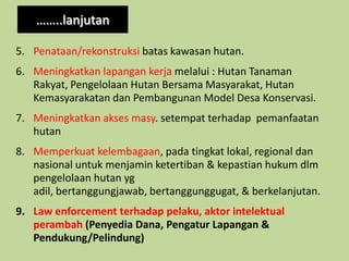 TINDAK PIDANA KEHUTANAN (TIPIHUT)ILLEGAL LOGGINGPERAMBAHAN KAWASAN HUTANPEREDARAN ILEGAL TUMBUHAN DAN SATWA LIAR (TSL)PENAMBANGAN ILEGALKEBAKARAN HUTAN