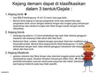 Kejang demam dapat di klasifikasikan
dalam 3 bentuk/Gejala :
1. Kejang tonik 
– bayi BBLR berlangsung 10 s/d 15 menit, bisa juga lebih.
– Bentuk klinis kejang ini berupa pergerakan tonik satu ekstermitas atau
pergerakan tonik umum dengan ekstensi lengan dan tungkai yang menyerupai
deserebrasi atau ekstensi tungkai dan fleksi lengan bawah dengan bentuk
dekortikasi.
2. Kejang klonik
– berlangsung selama 1-2 menit terlokalisasi dgn baik tidak disertai gangguan
kesdaran dan biasanya tidak diikuti oleh fase tonik.
– Berbentuk fokal, unilater, bilateral dengan pemulaan fokal dan multifokal yang
berpindah-pindah. Bentuk klinis kejang klonik fokal berlangsung 1-3 detik,
terlokalisasi dengan baik, tidak disertai gangguan kesadaran dan biasanya tidak
diikuti oleh fase tonik.
3. Kejang Mioklonik
– gerakan ekstensi dan fleksi lengan atau keempat anggota greak ayng berulang
danterjadinya cepat. Gerakan tersebut menyerupai reflek moro.  merupakan
pertanda kerusakan susunan saraf pusat yang luas dan hebat. Gambaran EEG
pad kejang mioklonik pada bayi tidak spesifik.
 