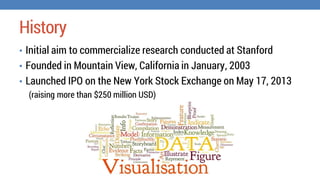 History
⢠Initial aim to commercialize research conducted at Stanford
⢠Founded in Mountain View, California in January, 2003
⢠Launched IPO on the New York Stock Exchange on May 17, 2013
(raising more than $250 million USD)