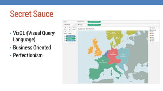 SecretSauce
⢠VizQL (Visual Query
Language)
⢠Business Oriented
⢠Perfectionism