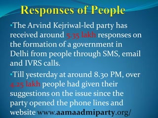 •The Arvind Kejriwal-led party has
received around 5.35 lakh responses on
the formation of a government in
Delhi from people through SMS, email
and IVRS calls.
•Till yesterday at around 8.30 PM, over
4.25 lakh people had given their
suggestions on the issue since the
party opened the phone lines and
website www.aamaadmiparty.org/
 