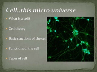  What is a cell?
 Cell theory
 Basic stuctions of the cell
 Functions of the cell

 Types of cell

 