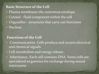 Basic Structure of the Cell
 Plasma membrane-the outermost envelope
 Cytosol - fluid component within the cell
 Organelles - structures that carry out functions
 Nucleus
Functions of the Cell
 Communication. Cells produce and receive electrical
and chemical signals
 Cell metabolism and energy release
 Inheritance. Each cell contains DNA. Some cells are
specialized as gametes for exchange during sexual
intercourse

 