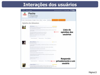 Interações dos usuários




                    Lista de
                  opiniões dos
                    usuários




                   Responda
              privadamente a um
                    usuário



                                  Página13
 