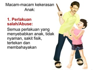 Macam-macam kekerasan 
Anak: 
1. Perlakuan 
salah/Abuse: 
Semua perlakuan yang 
menyebabkan anak, tidak 
nyaman, sakit fisik, 
tertekan dan 
membahayakan 
 
