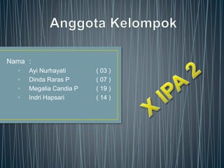 Nama : 
• Ayi Nurhayati ( 03 ) 
• Dinda Raras P ( 07 ) 
• Megalia Candia P ( 19 ) 
• Indri Hapsari ( 14 ) 
 