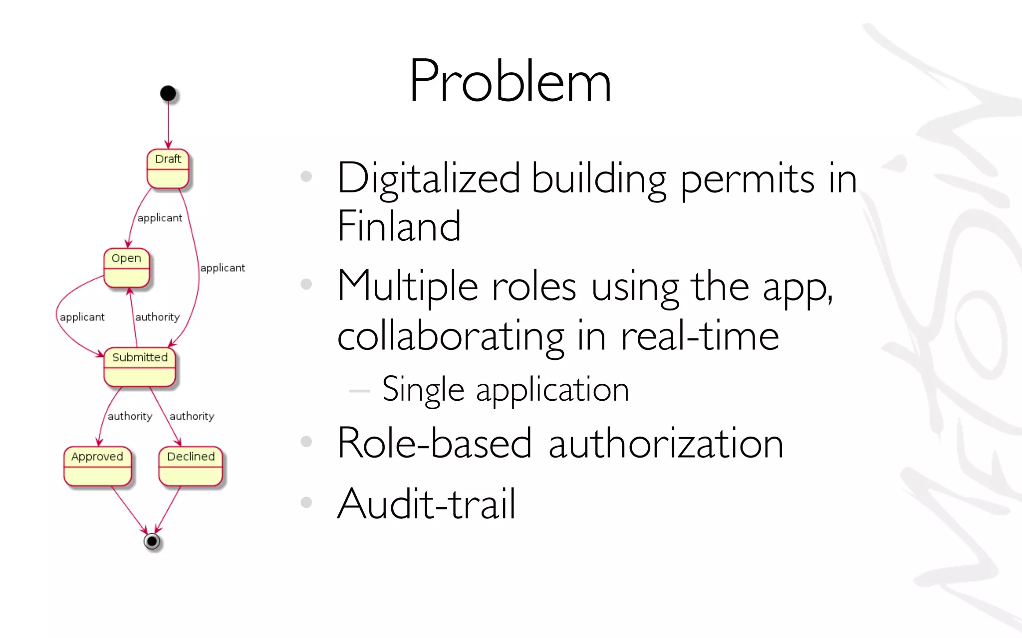 Problem
• Digitalized building permits in
Finland
• Multiple roles using the app,
collaborating in real-time
– Single application
• Role-based authorization
• Audit-trail
 