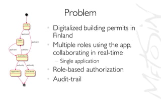 Problem
• Digitalized building permits in
Finland
• Multiple roles using the app,
collaborating in real-time
– Single application
• Role-based authorization
• Audit-trail
 