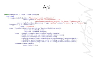(defn create-api [{:keys [state chord]}]
(cqrs-api
{:swagger {:info {:title "Building Permit application"
:description "a complex simulated real-life
case example showcase project for http://kekkonen.io"}
:securityDefinitions {:api_key {:type "apiKey", :name "x-apikey", :in "header"}}}
:swagger-ui {:validator-url nil
:path "/api-docs"}
:core {:handlers {building-permit-ns 'backend.building-permit
users-ns 'backend.users
:session 'backend.session}
:user [[:require-session app-session/require-session]
[:load-current-user app-session/load-current-user]
[:requires-role app-session/requires-role]
[::building-permit/retrieve-permit building-permit/retrieve-permit]
[::building-permit/requires-state building-permit/requires-state]
[::building-permit/requires-claim building-permit/requires-claim]]
:context {:state state
:chord chord}}}))
Api
 