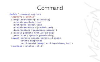 (defnk ^:command approve
"Approve a permit"
{:requires-role #{:authority}
::requires-claim true
::retrieve-permit true
::requires-state #{:submitted}
:interceptors [broadcast-update]}
[[:state permits archive-id-seq]
[:entities [:permit permit-id]]]
(swap! permits update permit-id assoc
:state :approved
:archive-id (swap! archive-id-seq inc))
(success {:status :ok}))
Command
 