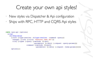 Create your own api styles!
• New styles via Dispatcher & Api configuration
• Ships with RPC, HTTP and CQRS Api styles
(defn cqrs-api [options]
(a/api
(kc/deep-merge
{:core {:type-resolver (k/type-resolver :command :query)}
:swagger {:info {:title "Kekkonen CQRS API"}}
:ring {:types {:query {:methods #{:get}
:parameters {[:data] [:request :query-params]}}
:command {:methods #{:post}
:parameters {[:data] [:request :body-params]}}}}}
options)))
 
