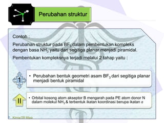 Perubahan struktur
Contoh :
Perubahan struktur pada BF3 dalam pembentukan kompleks
dengan basa NH3 yaitu dari segitiga planar menjadi piramidal.
Pembentukan kompleksnya terjadi melalui 2 tahap yaitu :
1
• Perubahan bentuk geometri asam BF3 dari segitiga planar
menjadi bentuk piramidal
II
• Orbital kosong atom akseptor B mengarah pada PE atom donor N
dalam molekul NH3 & terbentuk ikatan koordinasi berupa ikatan σ
Kimia’09 Mipa
 