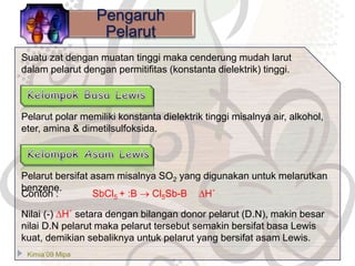 Kimia’09 Mipa
Pengaruh
Pelarut
Suatu zat dengan muatan tinggi maka cenderung mudah larut
dalam pelarut dengan permitifitas (konstanta dielektrik) tinggi.
Pelarut polar memiliki konstanta dielektrik tinggi misalnya air, alkohol,
eter, amina & dimetilsulfoksida.
Pelarut bersifat asam misalnya SO2 yang digunakan untuk melarutkan
benzene.
Contoh : SbCl5 + :B  Cl5Sb-B ∆H˚
Nilai (-) ∆H˚ setara dengan bilangan donor pelarut (D.N), makin besar
nilai D.N pelarut maka pelarut tersebut semakin bersifat basa Lewis
kuat, demikian sebaliknya untuk pelarut yang bersifat asam Lewis.
 
