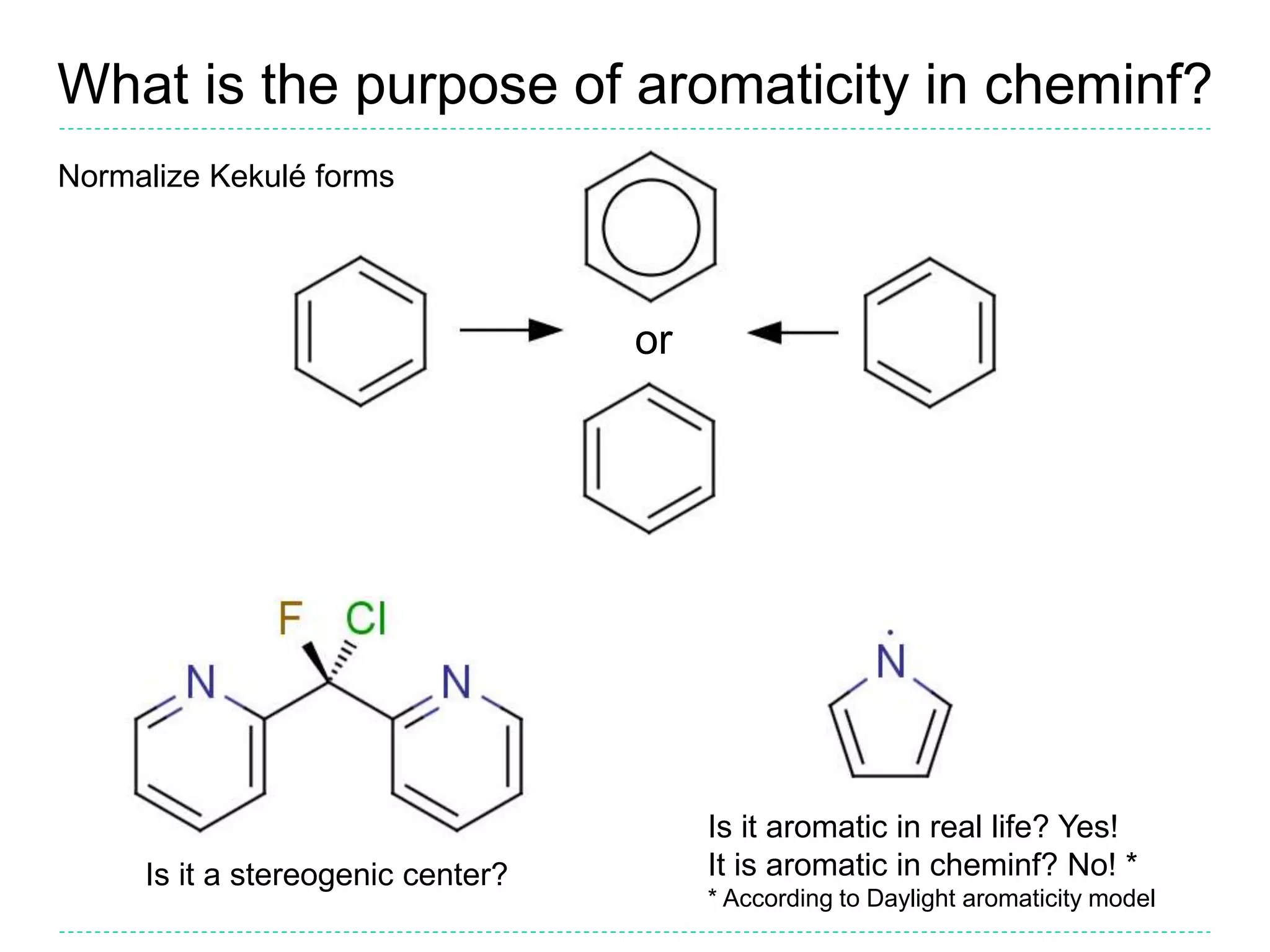What is the purpose of aromaticity in cheminf?
Normalize Kekulé forms
Is it a stereogenic center?
Is it aromatic in real life? Yes!
It is aromatic in cheminf? No! *
* According to Daylight aromaticity model
or
 