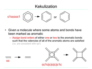 Kekulization
• Given a molecule where some atoms and bonds have
been marked as aromatic
– Assign bond orders of either one or two to the aromatic bonds
such that the valencies of all of the aromatic atoms are satisfied
(i.e. are consistent with sp2)
orc1ccccc1
cc
cc1c(c)c(c)c1c
 